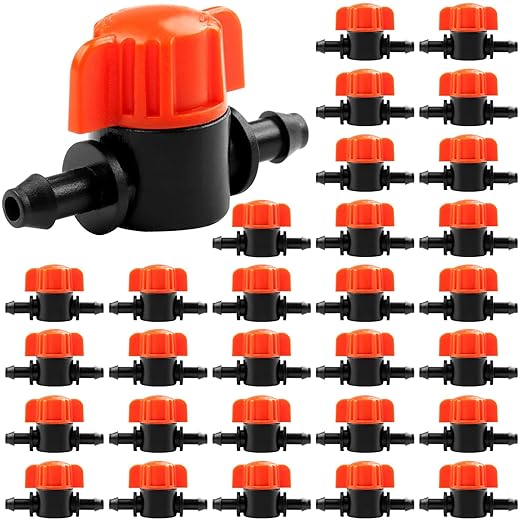 JAYEE 30Pcs Drip Irrigation 1/4 inch Barbed Valve, Drip Line Parts 1/4" Shut Off Valve Fits for 1/4 Inch Drip Irrigation Tubing, Drip Irrigation Fittings Switch Valves for Drip or Sprinkler Systems