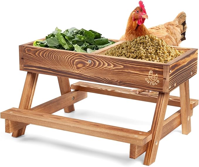 Chicken Feeders with Picnic Table, Handmade Carbonized Wooden Chicken Coop Accessories, Chicken Feeder No Waste, Mesh Bottom Keeps Food Fresh and Dry for Wild Birds, Ducks & Squirrels