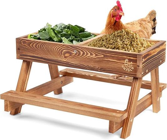 Chicken Feeders with Picnic Table, Handmade Carbonized Wooden Chicken Coop Accessories, Chicken Feeder No Waste, Mesh Bottom Keeps Food Fresh and Dry for Wild Birds, Ducks & Squirrels