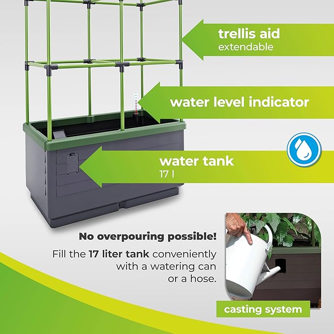BioGreen Raised Garden Bed with Trellis CITY JUNGLE | 8.98 gal | 13“L x 24“W x 63.4“H | Integrated Irrigation System | Grey Self-Watering Planter Box