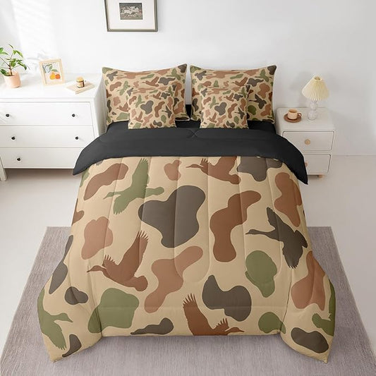 Feelyou Camo and Duck Bed Set Boys Girls Twin Size Duck Hunting 7 Pieces Bedding Set For Kids Women Men Ultra Soft Duck Hunter Bed Set Includes Comforter, Sheet Set, Pillowcases Brown Green Room Decor