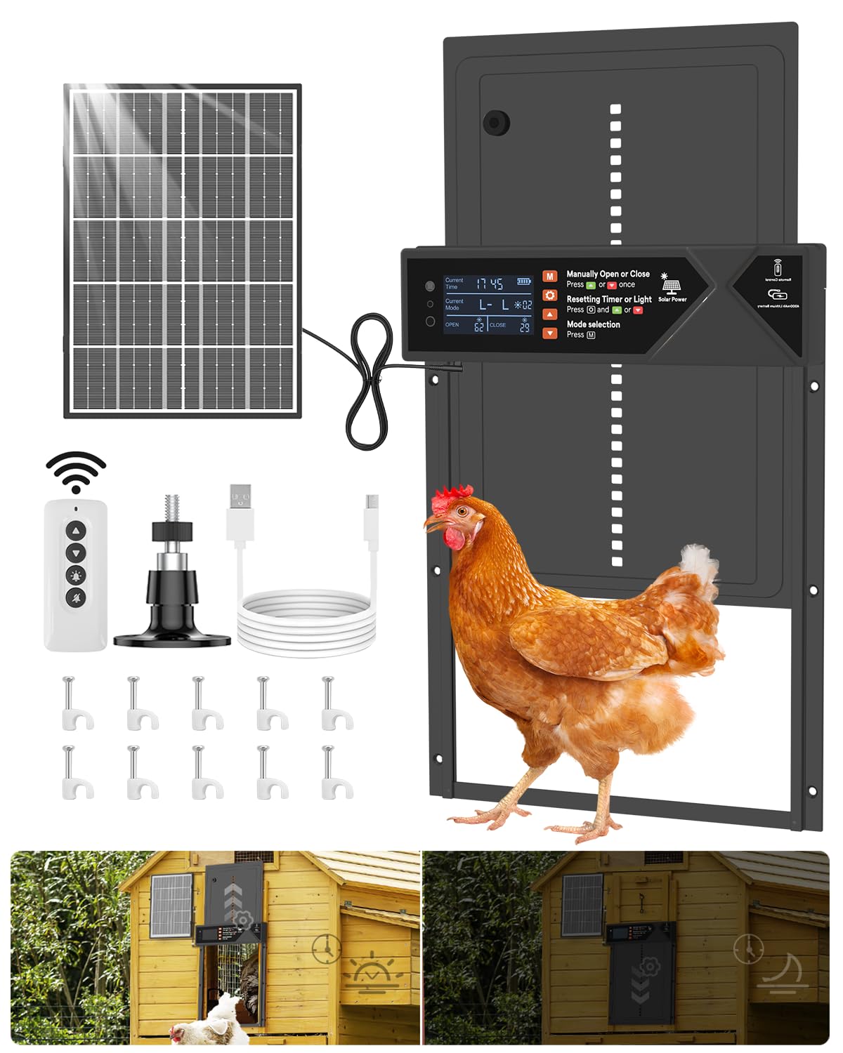 Large Automatic Chicken Coop Door, 4000mAh High Capacity Chicken Coop Door 7W Solar Powered with Timer & Light Sensor, Anti-Pinch Auto-Aluminum Chicken Door with Wire Clip & Remote Control-Black