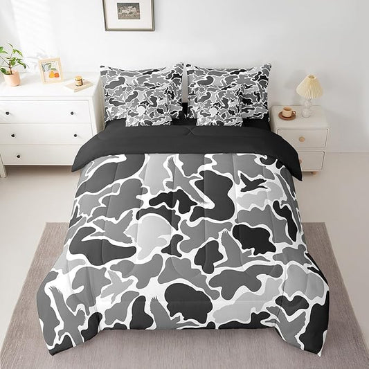 Feelyou Duck Hunter Grey Camouflage Hunting 7 Pieces Bedding Set, Queen Size Black Brown All Season,Bed in a Bag with Comforter, Sheets, Pillowcases Camo Army Bed Set Breathable Wild Room Decor
