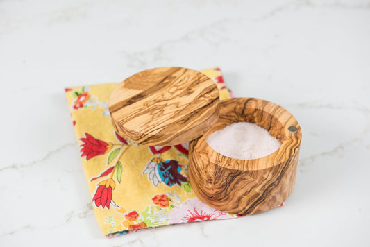 Lipper International Olive Wood Salt or Spice Box with Swivel Cover, 3 5/8" Diameter x 2 1/2" Tall