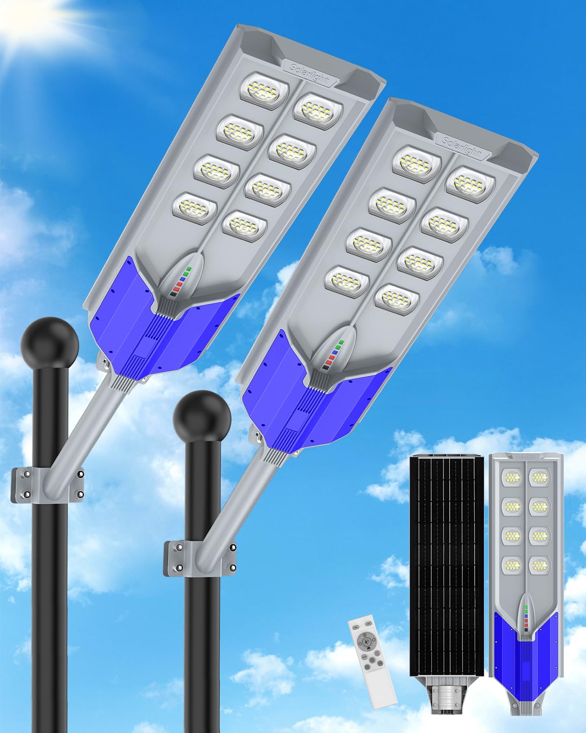 AIKVSXER S-10000W Solar Street Lights Outdoor, 6500K Commercial Dusk to Dawn Parking Lot Light, Waterproof IP67 Solar Security Flood Lights with Motion Sensor and Remote for Street,Road,Yard, 2 Pack