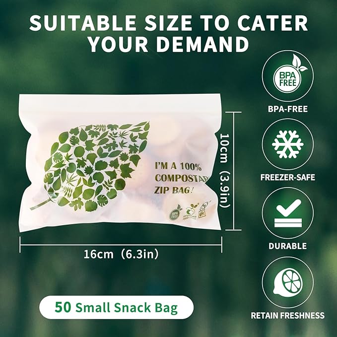 100% Compostable Snack Bags Small Biodegradable Freezer Sandwich Storage Bag for Cookies Biscuits, 50 Count - 6.3 x 3.9 Inch