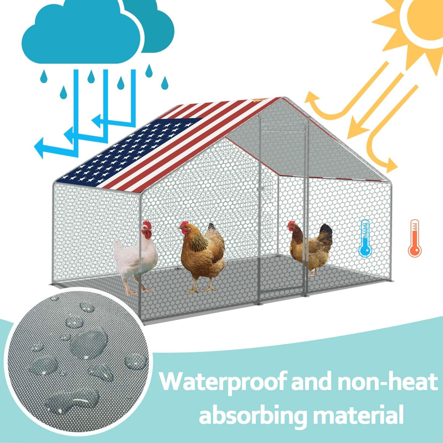 BUAEL 1 Pcs Outdoor Metal Chicken Coop Cover with Sun Resistance Fence Chicken Cages Cover for Outdoor Large Walk in Chicken Run Pen, 10.5 x 5 ft (American Flag（red）)