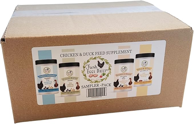 Fresh Eggs Daily Chicken and Duck Natural Feed Supplement Sampler 4-Pack Includes 12 oz. Poultry Probiotics Organic Coop Kelp Brewers Yeast with Garlic Flock Flax