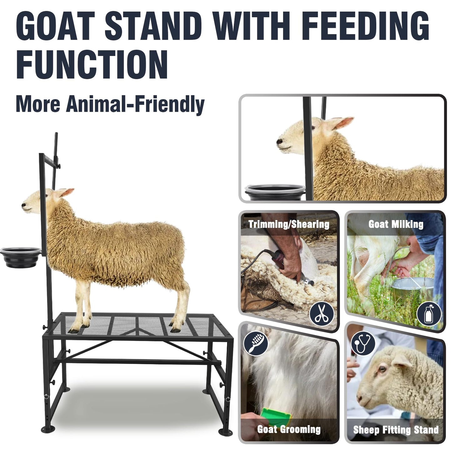 Bknius Goat Stand with Feed Bin for Milking, 600LBs Goat Trimming Stand, Livestock Table for Sheep Trimming Hoof and Milking, Iron Black, Adjustable Size