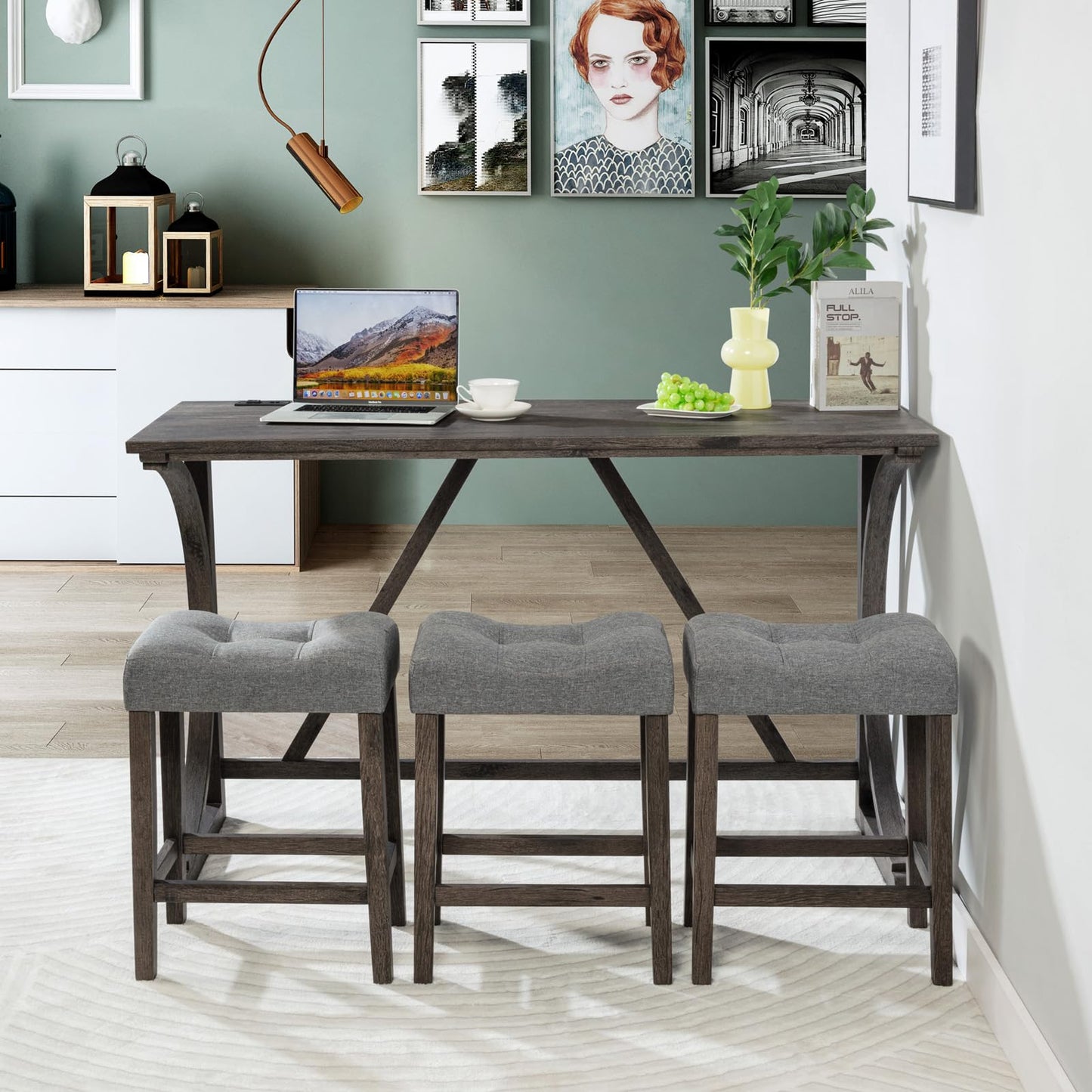 Ball & Cast 4 Piece Counter Height Bar Tables Stool Set, Farmhouse Wooden Kitchen Island-Table w/USB Ports & Power Outlet & 3pcs Padded Stools,59" Dining-Table with Chairs,Charging Station, Dark Gray