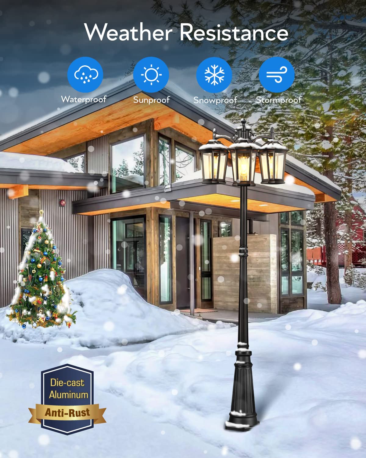 VIANIS Outdoor Lamp Post Light with Outlet 3-Head, Anti-Rust Lamp Posts Outdoor Lighting Dusk to Dawn, Waterproof Street Light Pole for Garden, House, Doorway, Weather Resistant