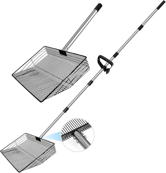 15-inch Large Chicken Poop Scooper with Gloves & Ergonomic Grip, 5 in 1 Adjustable Chicken Coop Pooper Shovel (37 to 78"), Sifting Litter Shovel Scoop for Chicken Coop/Stable Cleaning/Poultry Farm