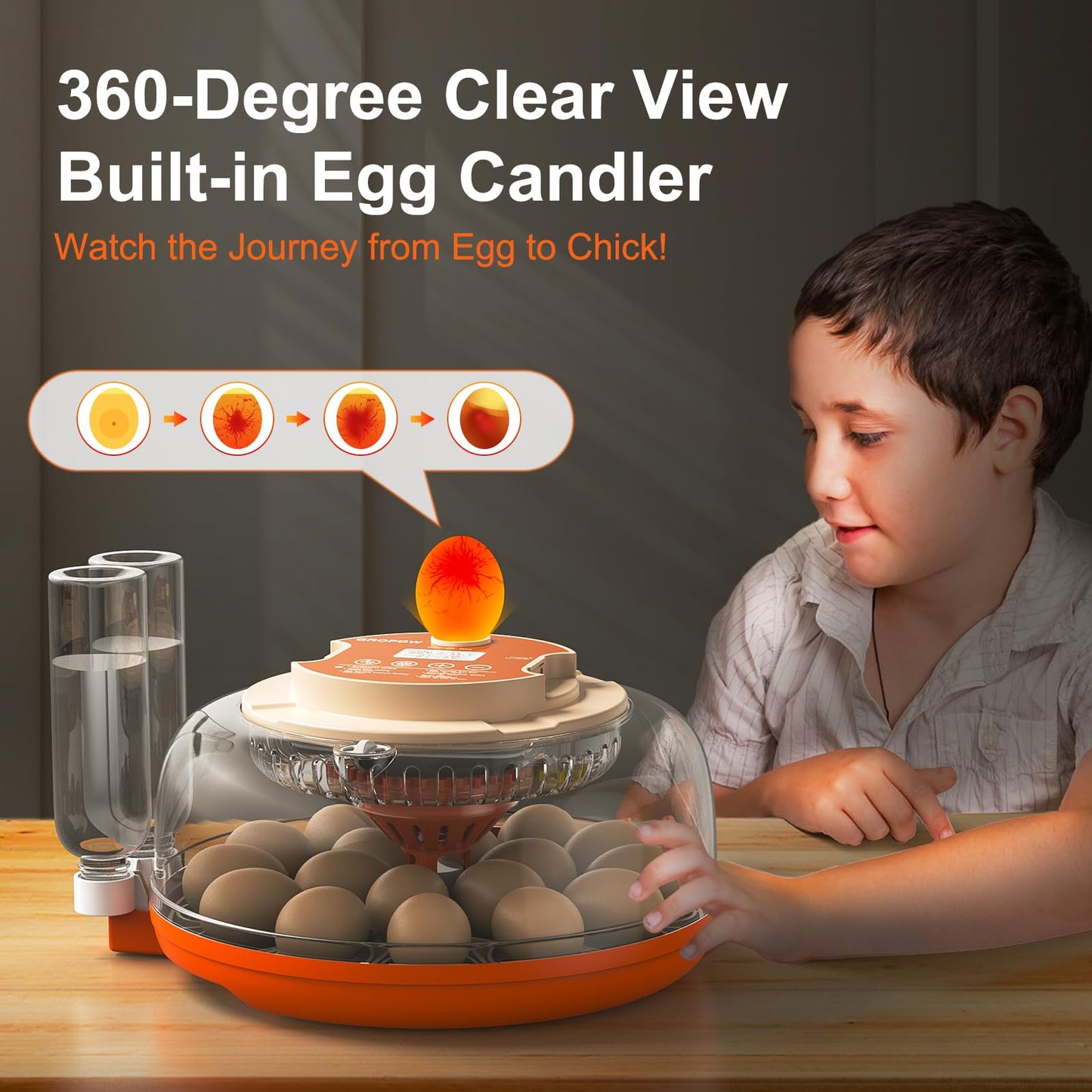 GROPOW 18 Egg Incubator, Automatic Turning with Temperature & Humidity Control, Egg Candler, 360 View with Air Vent, Auto Water Bottle Refill, Chicken Incubator for Hatching Eggs
