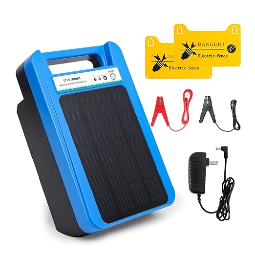 Solar Electric Fence Charger 8 kV - 0.2 Joules, 3-Mile Range, 10000mAh Lithium Battery & 3W Solar Panel - Ideal for Livestock, Pet, Poultry, Gardens, Orchards Protection