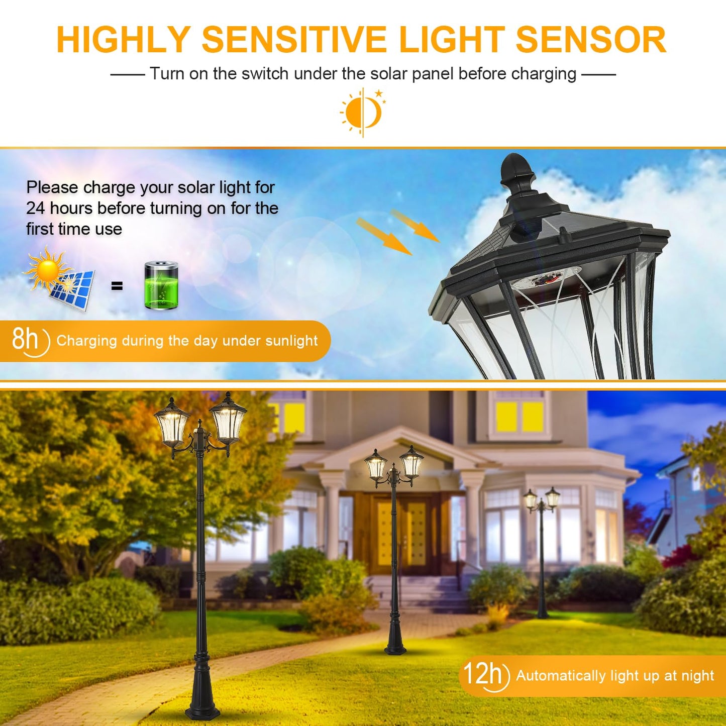 SCNYCUL Outdoor Solar Lamp Post Lights with Dusk to Dawn Sensor, Waterproof 2-Head Large Lantern Street Lights, Modern Solar Column Pole Light Fixtures for Outside, Garden, Driveway, Backyard, Black