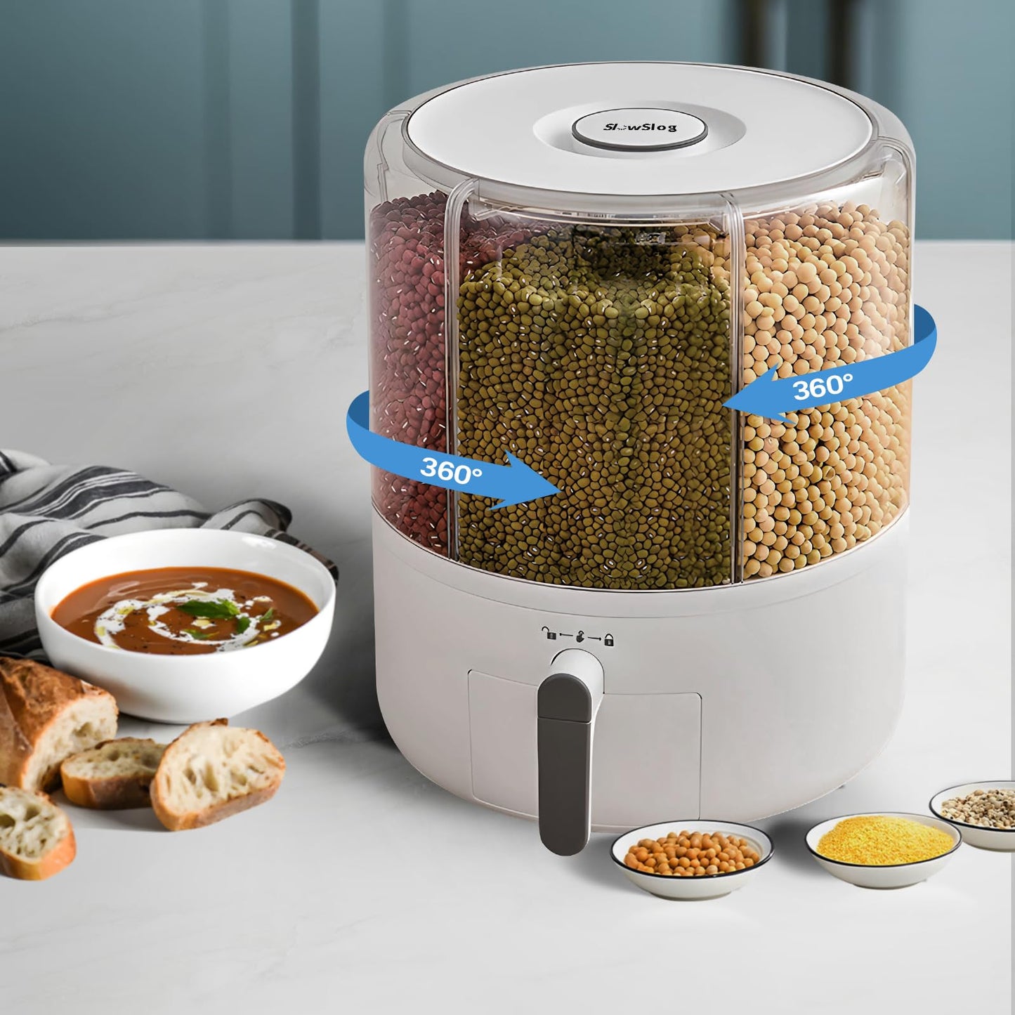Slow Slog 16lb Grain Dispenser 6 Grid Grain Container, 360° Rotating Dry Food Dispenser, Airtight Storage, Upgrade 6 Compartment Rotating Grain Dispenser Storage Container