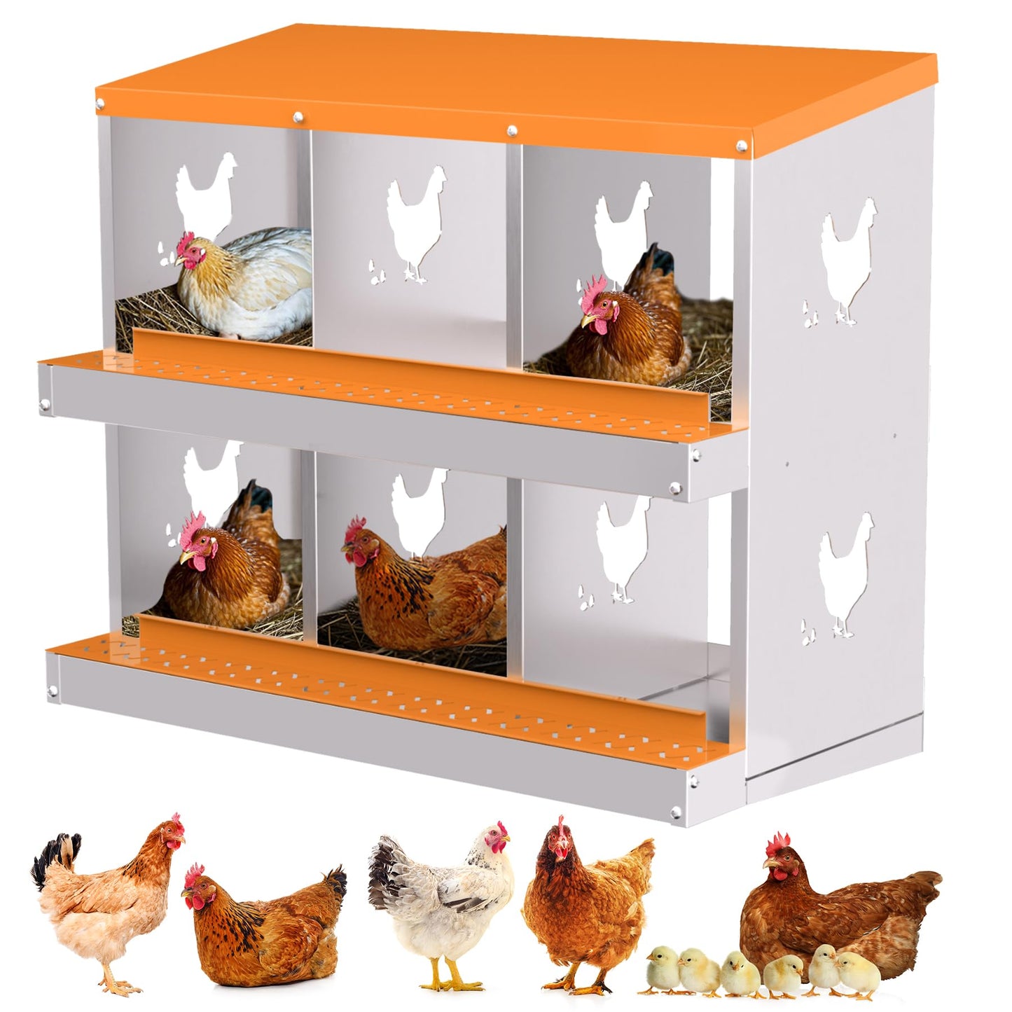 FinerFurnis Chicken Nesting Box with Removable Tray, 6 Compartment Nesting Boxes for Chickens, Easy to Clean and Install, Durable Chicken Laying Boxes for Chicken Coop, Protects Eggs(Orange)