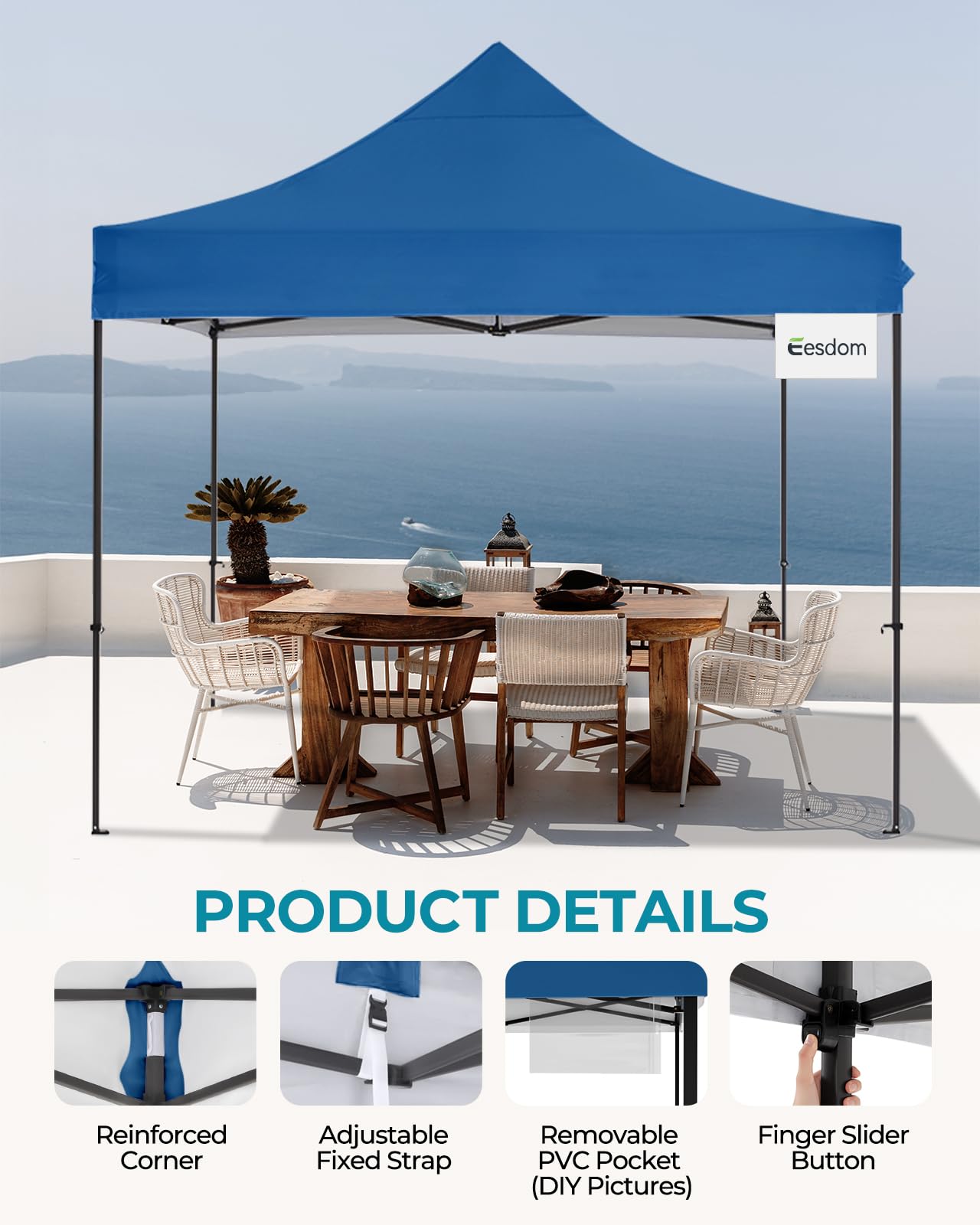 Eesdom 10x10 Pop Up Canopy with Wheeled Bag, Commercial Portable Canopy Tent, Easy Set Up, 4 Stakes & 4Sandbags & 4 Ropes, Waterproof Outdoor Shelter for Market, Parties, Blue