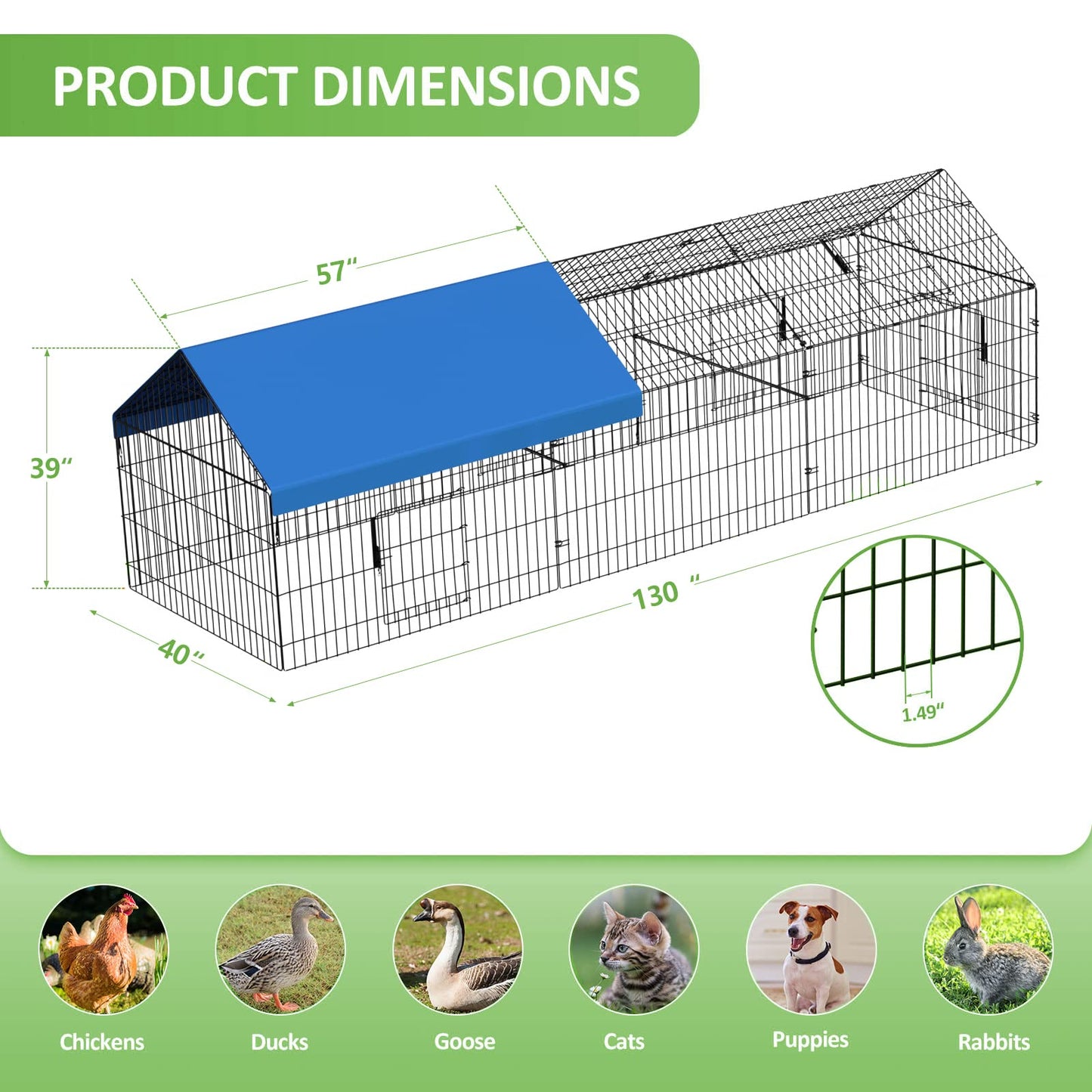 INJOPEXI Metal Chicken Coop 130"×40"×39" Chicken Runs for Yard with Cover Chicken Playpen Enclosure Chicken Pen Kennel Duck Coop Cage for Outdoor Backyard Farm Rabbit Dog Cat Small Animal Poultry