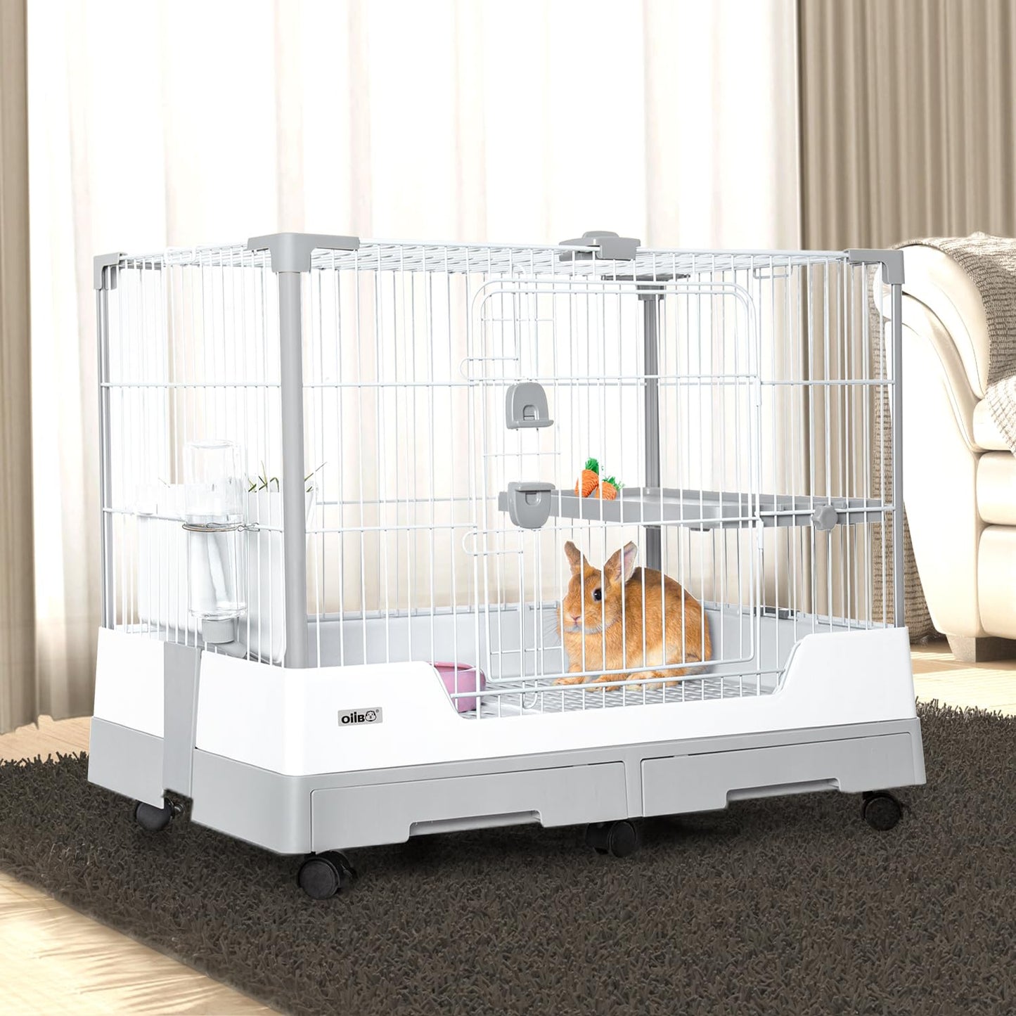 OIIBO Deluxe Rabbit Cage, 32" × 21" × 26" Large Space Bunny Cage Foldable Small Animal Cage with Pull Out Tray and Caster Platform, Professional Household Anti-Spray Urine Rabbit Cage Hutch Indoor