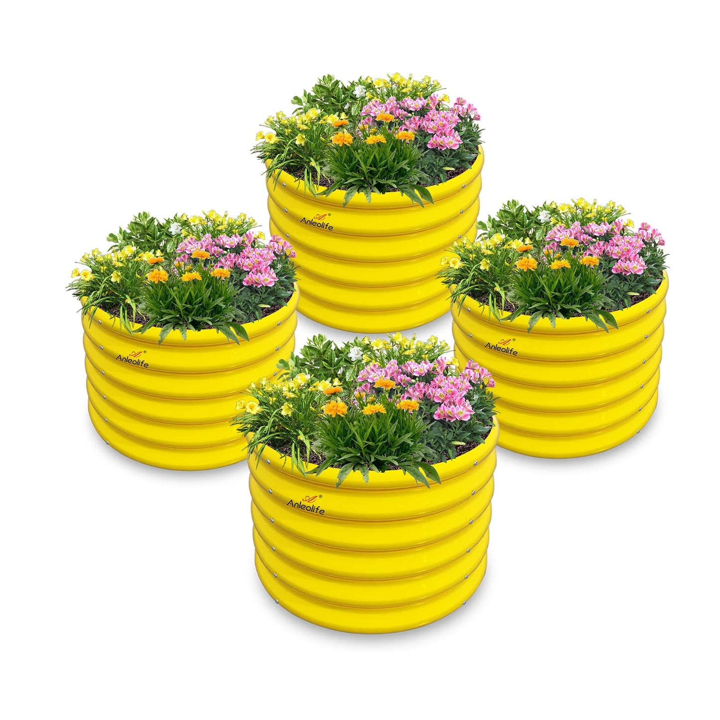 A ANLEOLIFE Kids Raised Garden Beds Outdoor (4-Pack)-24x24x18in Round Galvanized Metal Planter Box for Planting Vegetables, Flowers, Fruits, Eco-Safe & Easy Setup, Sunlit Gold
