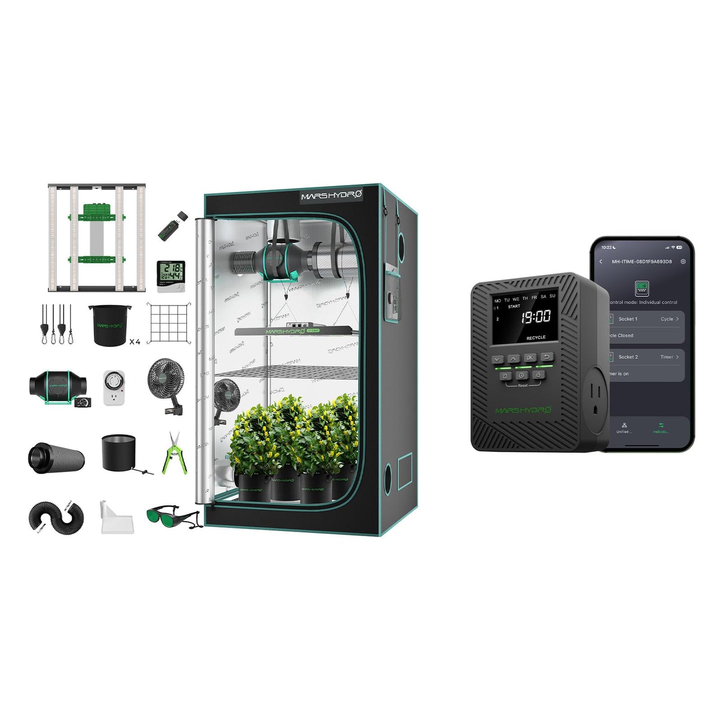 Mars Hydro 3x3 Smart Grow Tent Kit Complete System and ITime 2-in-1 Smart Timer Outlet Dual Outlet App Control Custom Programmable 12 On/Off for Home Office and Plant Growth Use