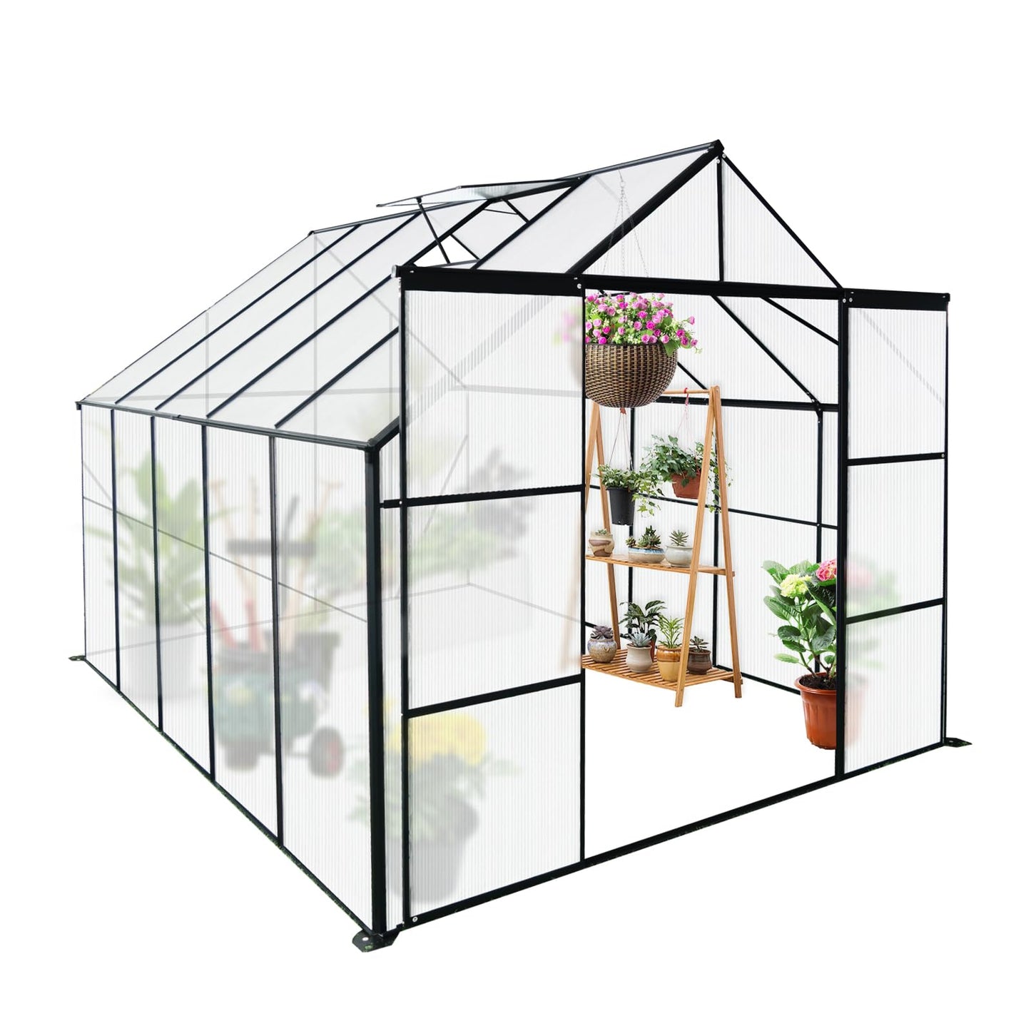 YOPTO 8×10 FT Greenhouse for Outdoors,Backyard Anchor Aluminum Heavy Duty Walk-in Green Houses with Drainage System & Galvanized Frame,Double Sliding Door Polycarbonate Raised Plant Base,Black