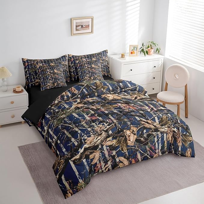 Feelyou Tree Branches 7 Pieces Bedding Set, for Kids Wild Hunting Leaf Bed Set King Size Botanical Tree Bed in a Bag with Comforter, Sheets, Pillowcases Bedroom Decor Nature Theme Navy Blue Brown
