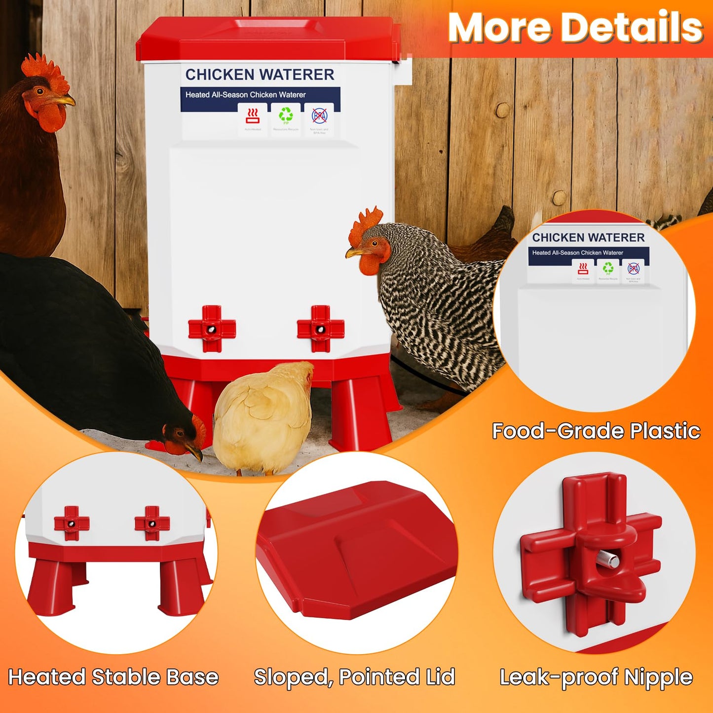 Nexum Heated Chicken Waterer - 2 Gallon Winter-Proof Poultry Drinker with Nipples and Stand, Auto Thermostat for Chickens, Ducks & Quail - Freeze-Resistant, Easy Fill (Red, 2 Gallon)