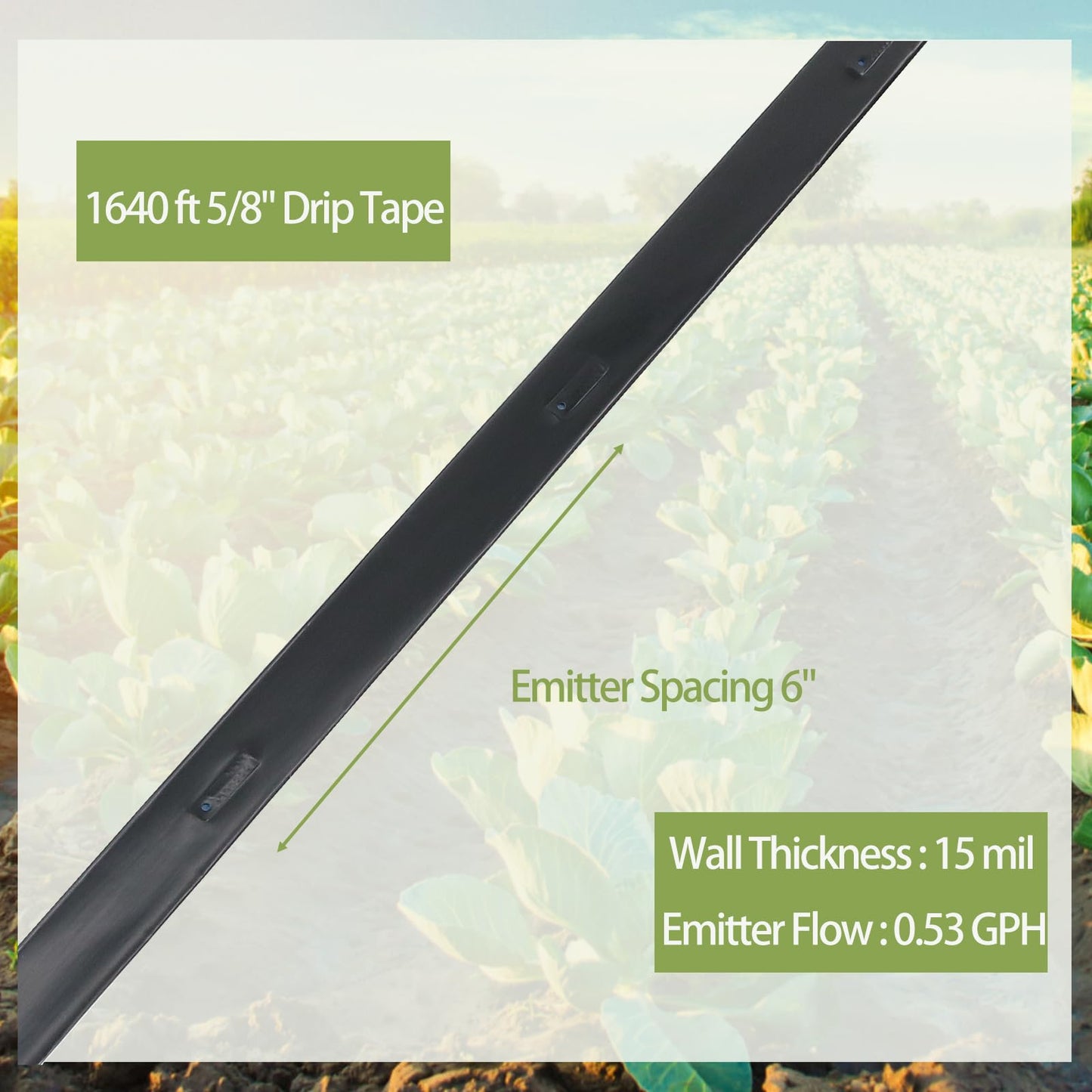 1640 ft 5/8" Drip Irrigation Tape Kit 15 mil Emitter Spacing 6" Flat Drip Tape with 130 PCS Drip Tape Connectors Automatic Irrigation Equipment for Garden Irrigation Emitter Flow:0.79 GPH