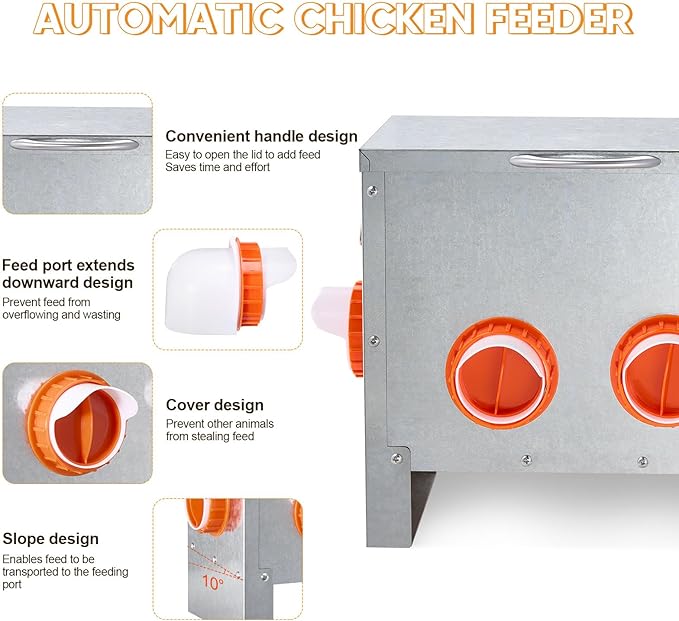 Automatic Chicken Feeder No Waste Large Capacity 25lbs 4-Ports Metal Poultry Feeder with Pull Handle for Chickens Geese Ducks Poultry Coop Weatherproof Design (25lb with 4 Ports)