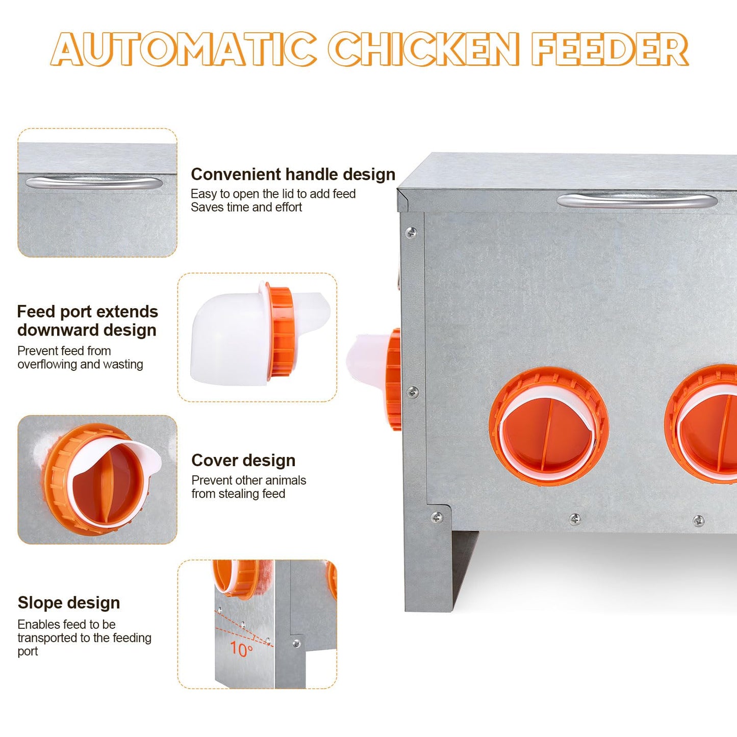 Automatic Chicken Feeder No Waste Large Capacity 25lbs 4-Ports Metal Poultry Feeder with Pull Handle for Chickens Geese Ducks Poultry Coop Weatherproof Design (25lb with 4 Ports)