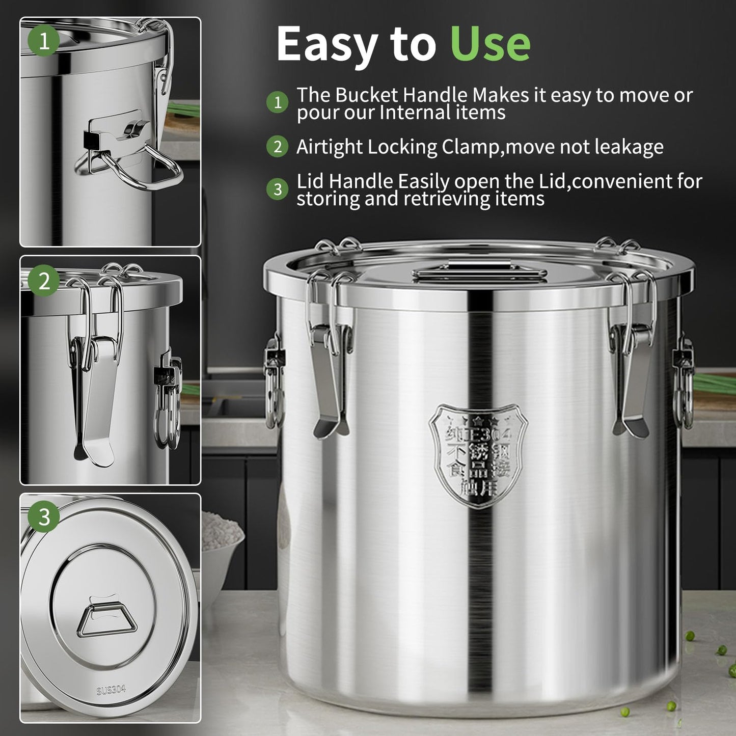 SWRONP 304 Stainless Steel food Storage Containers,3.2 Gal/12L Airtight Stainless Steel Bucket With lids,405oz Flour Storage Container,Metal Airtight Canister for Rice,Grain,Coffee Bean,Dog Food
