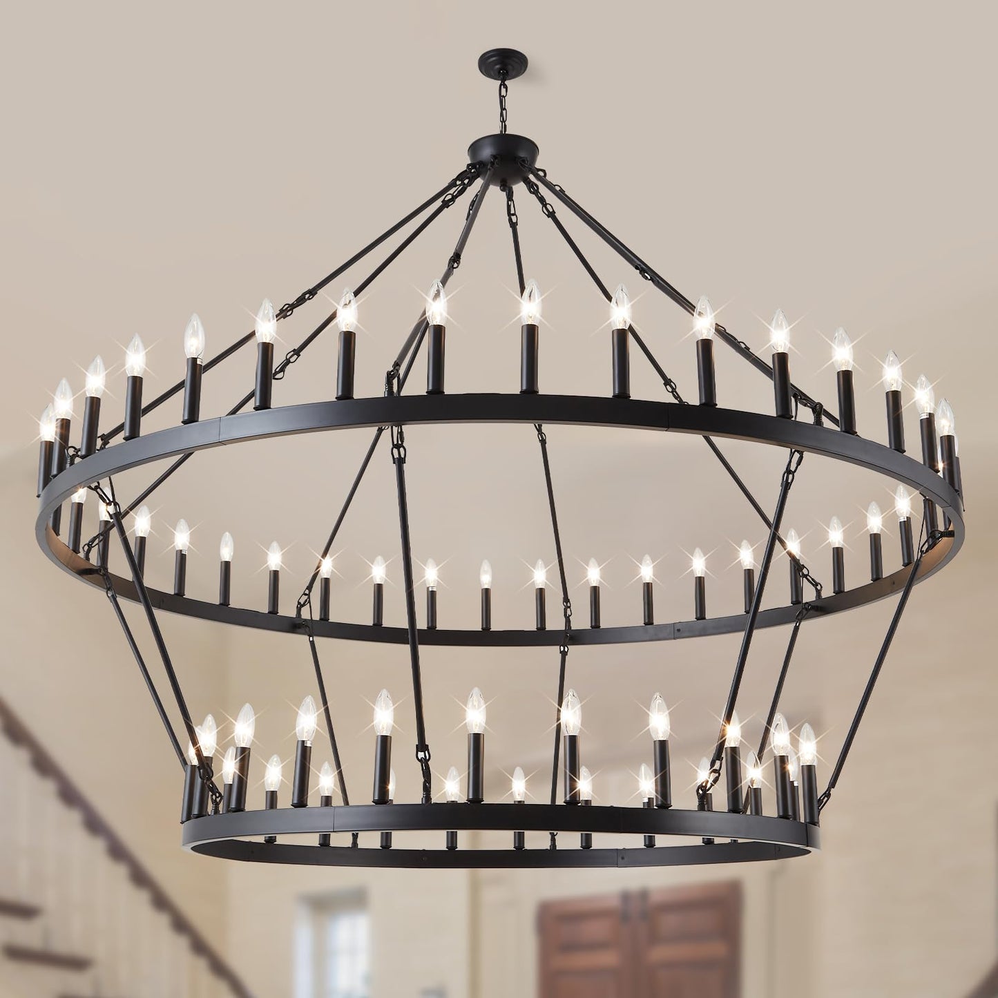 VBKK Wagon Wheel Chandelier Farmhouse 2 Tier 64-Light 70-Inch, Black Industrial Chandelier Rustic Candle Pendant Light Fixture Extra Large for High Ceilings, Dining Room, Living Room, Foyer, E12