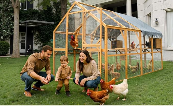 109.6'' Large Wood Chicken Coop Enclosures,Walk-in Poultry Cage, Chicken Run Pen Duck House with Walking Platforms & 2 Napping Houses,Waterproof and Anti-Ultraviolet Cover,Yellow