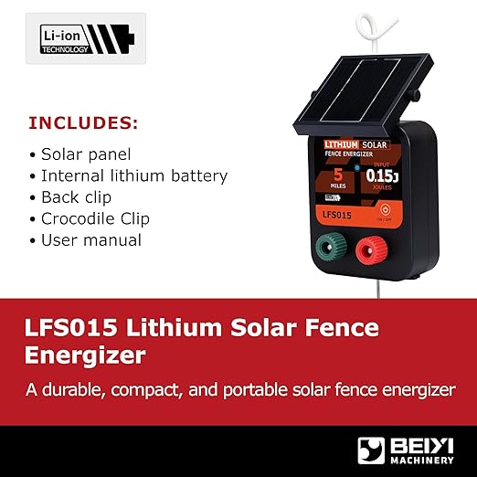 Lydite Solar Electric Fence Charger - 5 Miles Range 20 Acres 0.15 Stored Joules Energizer in Lithium Battery 1.8W Solar Panel Solar Powered Fence Charger for Livestock