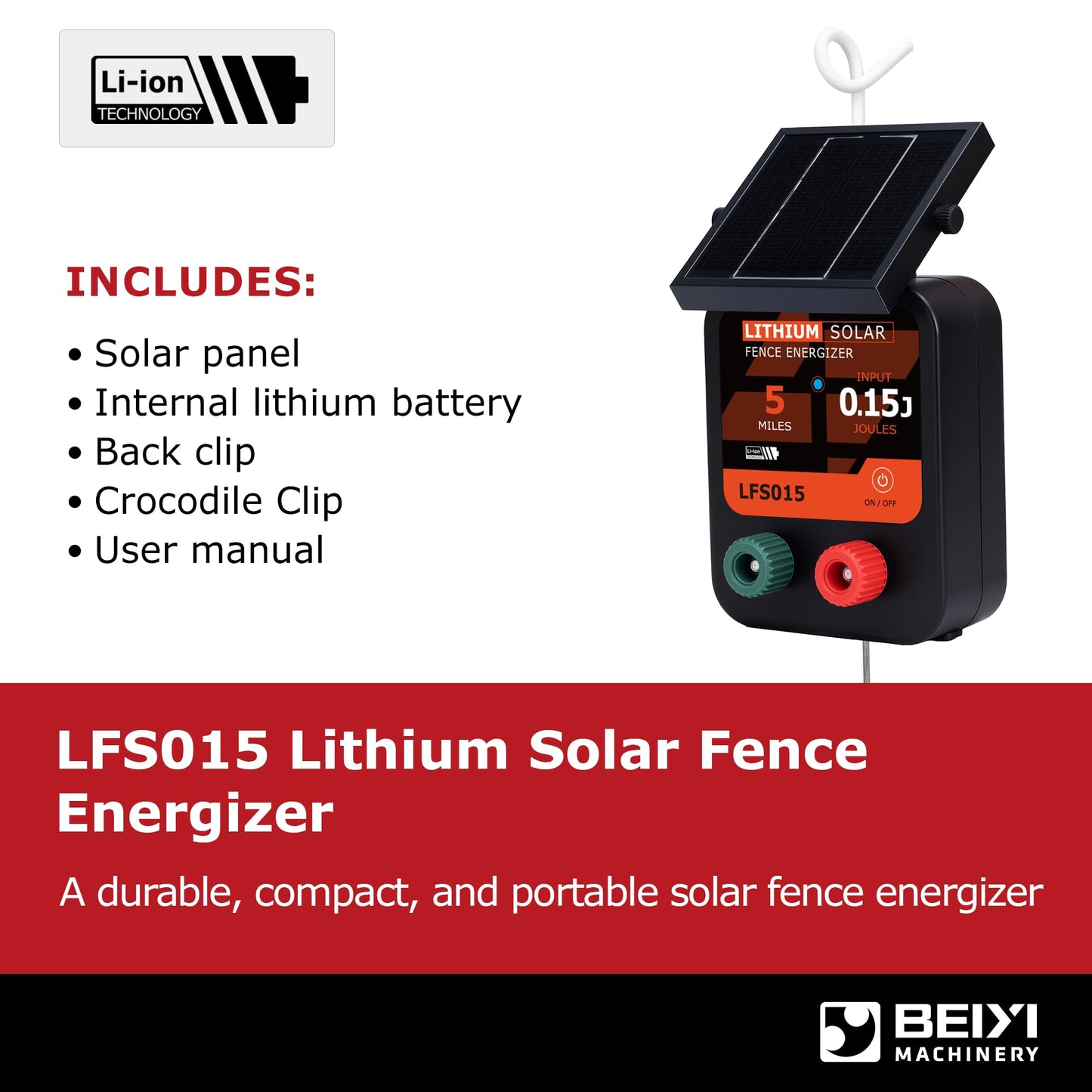 Lydite Solar Electric Fence Charger - 5 Miles Range 20 Acres 0.15 Stored Joules Energizer in Lithium Battery 1.8W Solar Panel Solar Powered Fence Charger for Livestock
