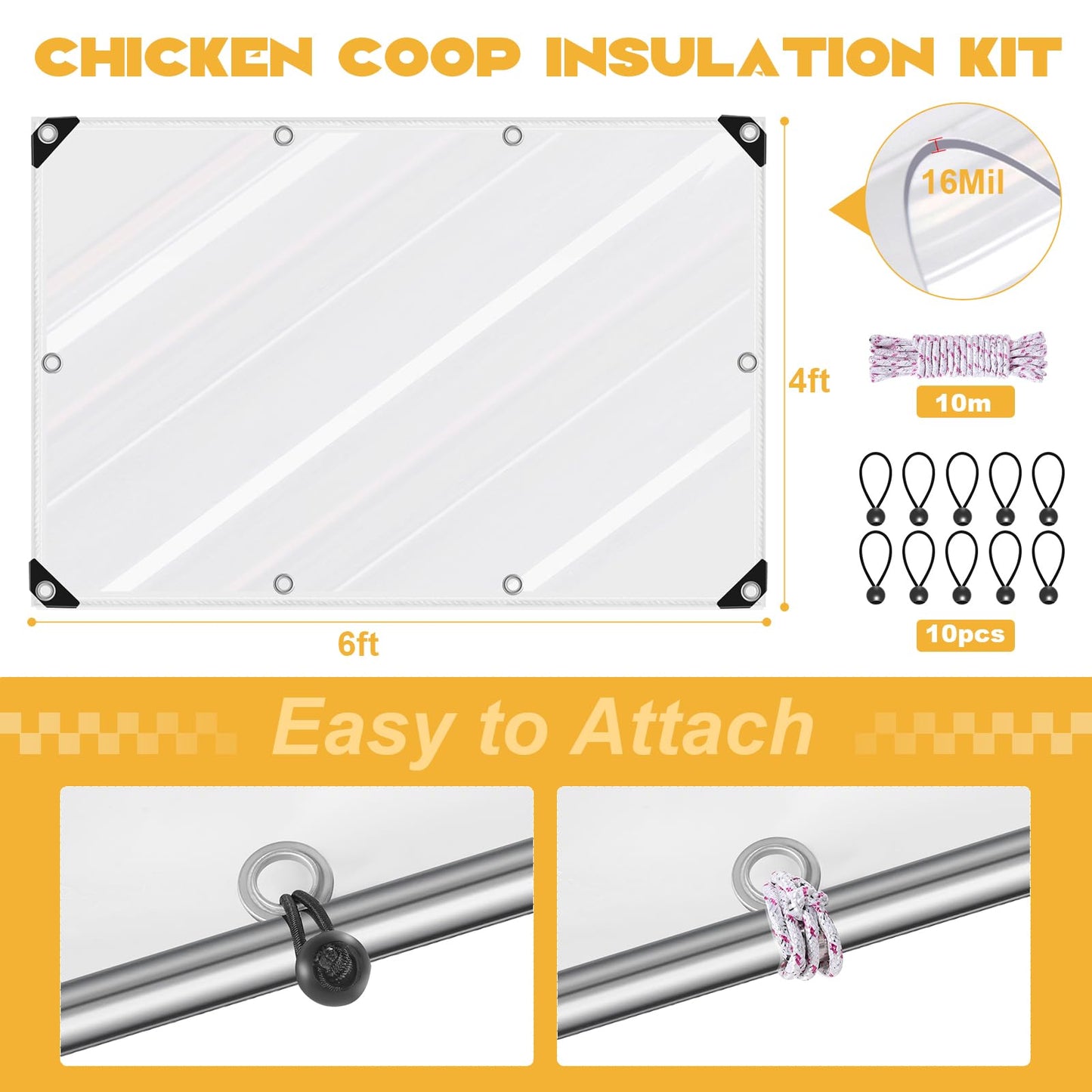 16Mil Chicken Coop Covers for Winter,4x6ft Thicken Clear Winterizing Insulation Vinyl Tarp for Chicken Run,Transparent Waterproof Anti-Tear with Elastic Cords & Rope for Porch Patio Poultry Enclosure