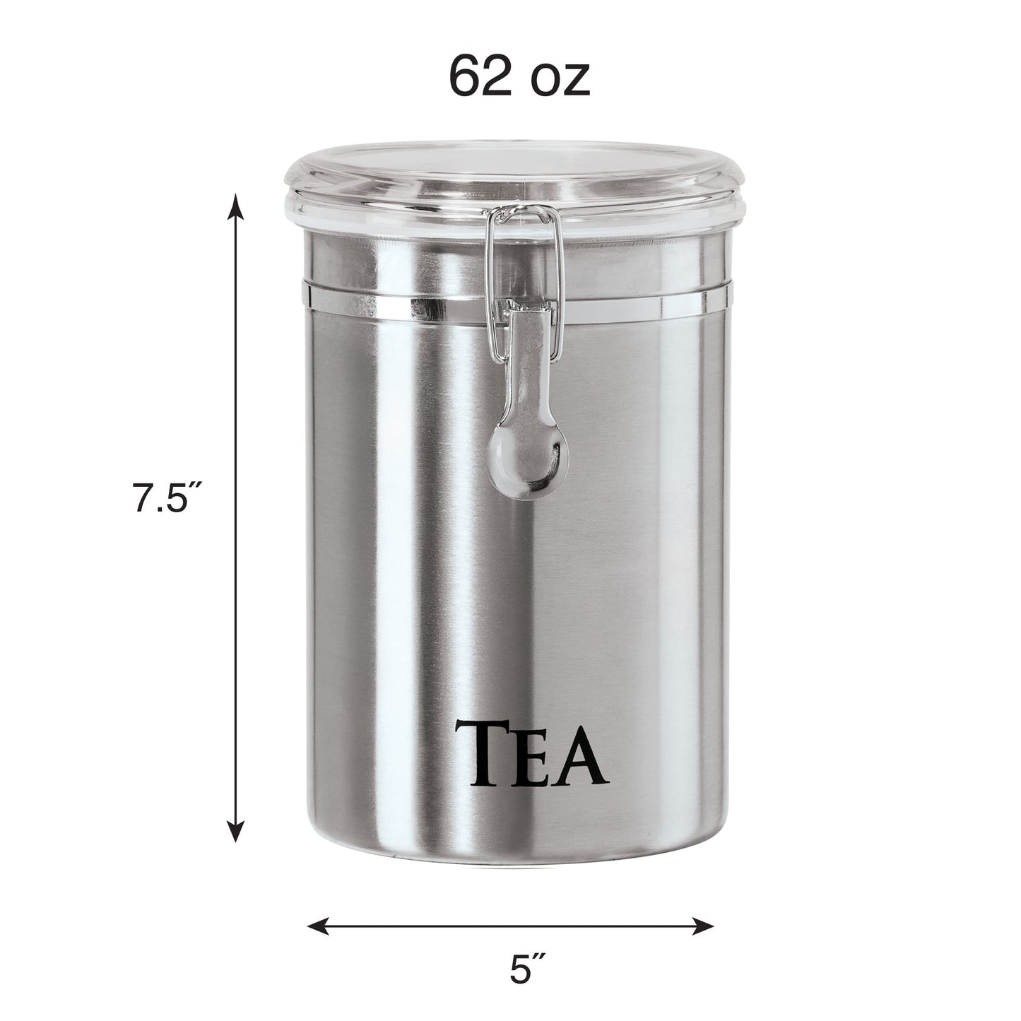 Oggi Stainless Steel Tea Canister 62 fl oz - Airtight Clamp Lid, Clear See-Thru Top - Ideal for Tea Bag, Loose Tea, Kitchen Storage, Pantry Storage. Large Size 5" x 7.5".