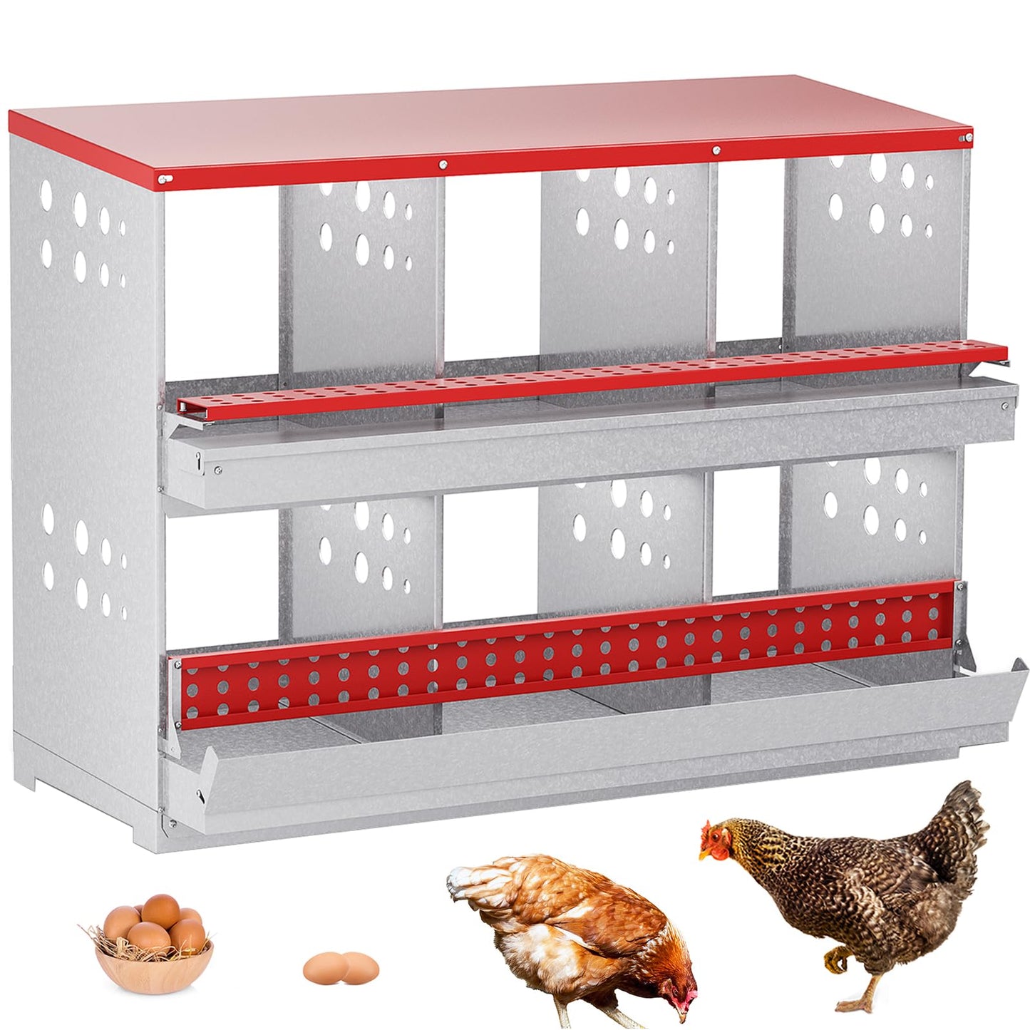 FuzzlyCo Chicken Nesting Boxes, 6 Hole Nesting Box for Chickens with Easy Egg Collection Roll Away Heavy Duty Chicken Coop Laying Box for Hens