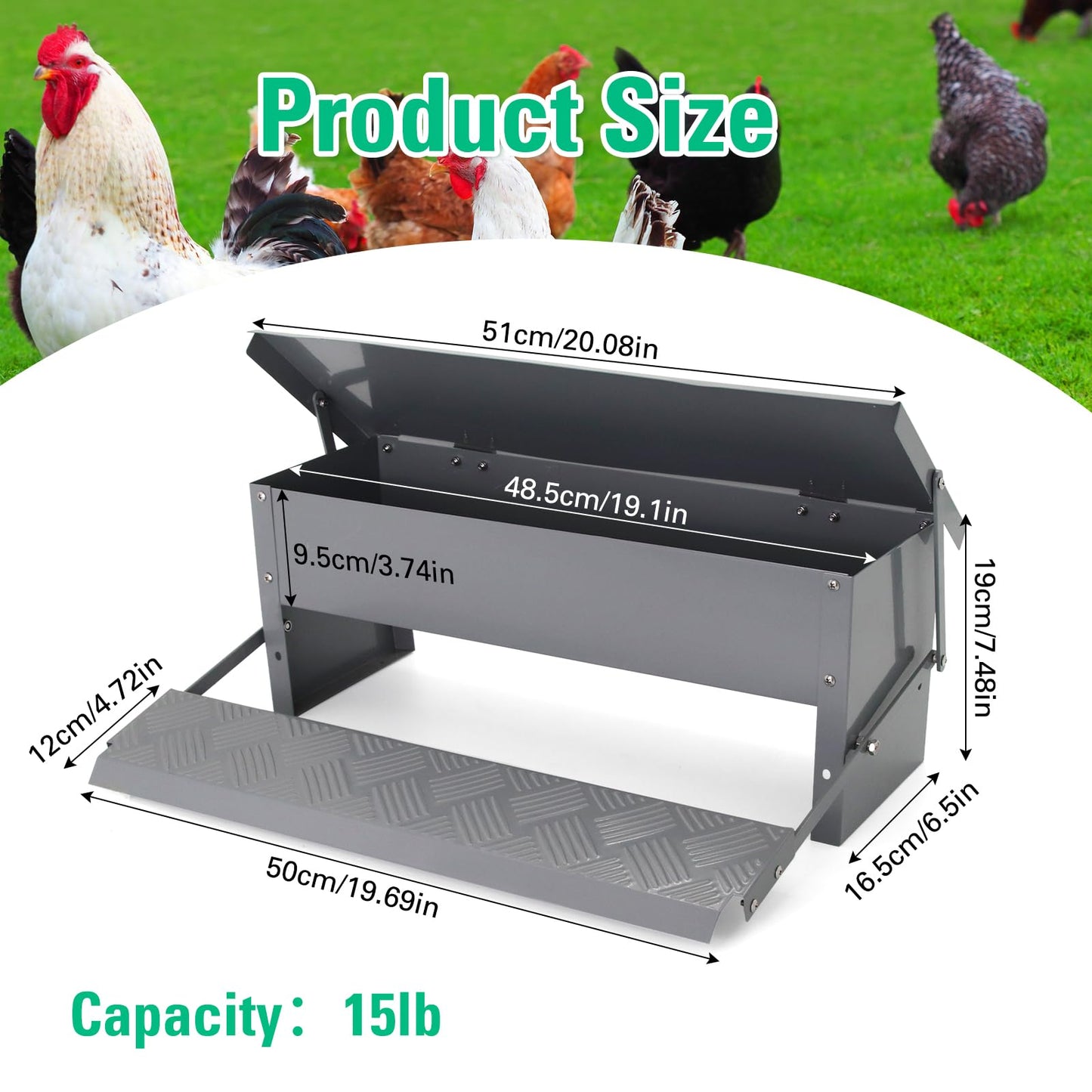Lucky Farm Automatic Chicken Feeder Metal Treadle Trough 15lb Outdoor Rainproof for Chickens, Bantams, Poultry, Pheasants