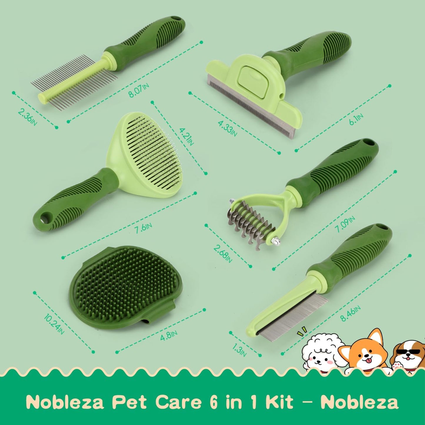 Nobleza 6PCS Dog Grooming Kit, Self-Cleaning Slicker Brush with Massage Tips, Dematting Comb for Shedding and Tangles, Ergonomic Bath Brush, Adjustable Handle, Safe for Dog Cat Puppy, Green