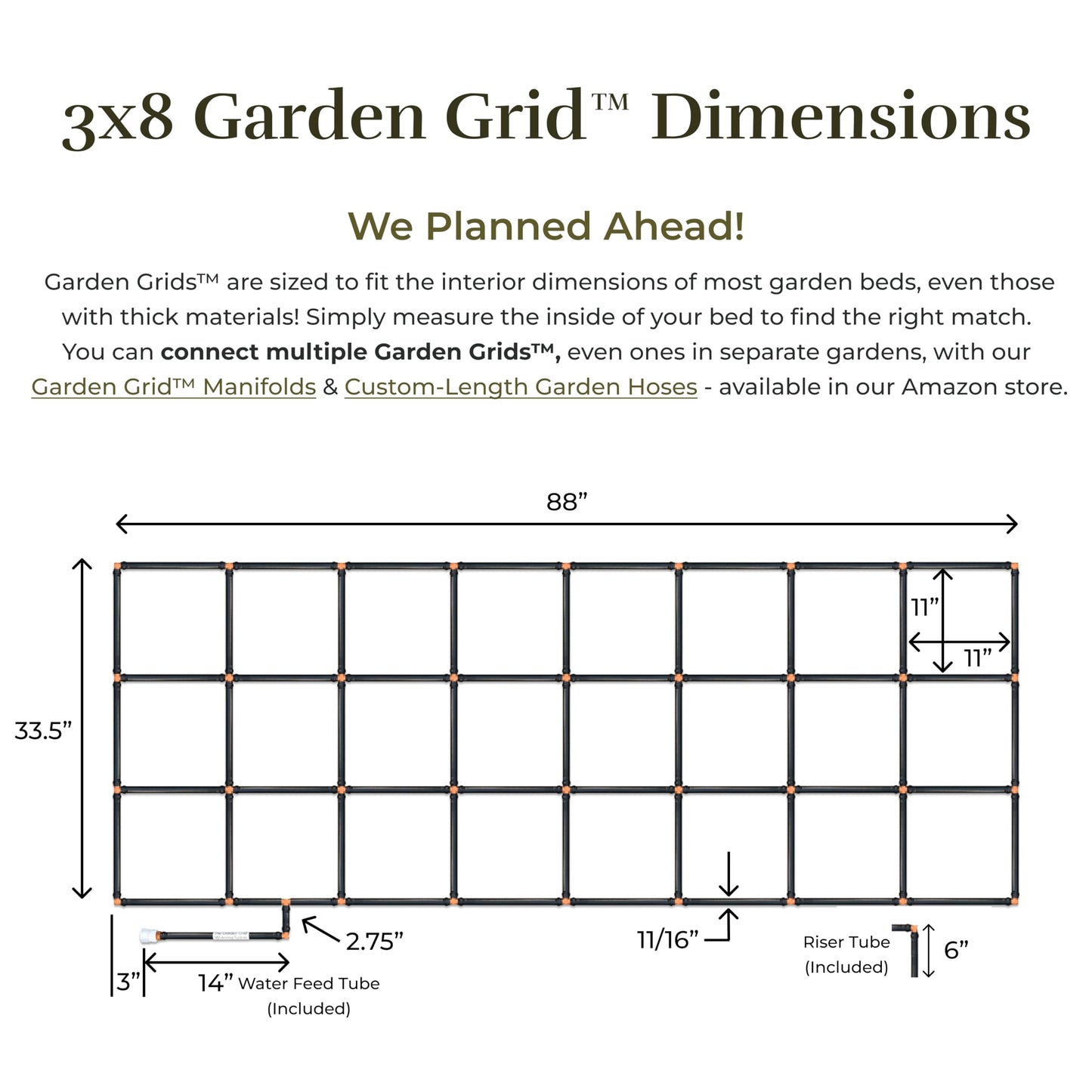 The Garden Grid | Pre-Assembled Garden Bed Watering System – Waters Every Plant Evenly, 2-Minute Setup, Hassle-Free Design Lasts 5–10x Longer Than Drip Kits | USA-Made | 3x8 (33.5"x88")