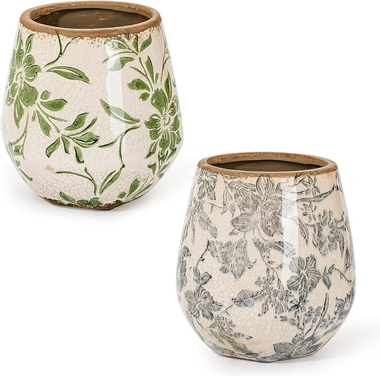 Sungmor Vintage Ceramic Plant Pots, Set of 2 Pretty Ice Cracked Glaze Ceramic Flower Pots, 5.7in. Herb Planters with Drainage Hole, Tuscan Planters for Indoor Outdoor Plants, Home Garden Decor Pot