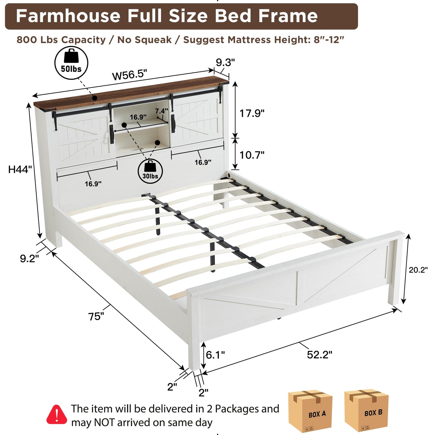 T4TREAM Farmhouse Full Size Bed Frame w/Storage Bookcase Headboard, Sliding Barn Door, Charging Station, Rustic Wood Platform Bed w/Wood Slats Support, No Box Spring Needed, Antique White