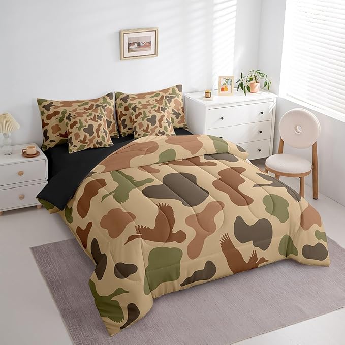 Feelyou Camo and Duck Bed Set Boys Girls Full Size Duck Hunting 7 Pieces Bedding Set For Kids Women Men Ultra Soft Duck Hunter Bed Set Includes Comforter, Sheet Set, Pillowcases Brown Green Room Decor