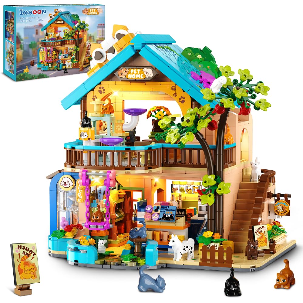INSOON City Pet Shop Building Set with Lights, Cozy Pet House Construction Toy with Cats Dogs Rabbit, 1431 PCS Cute Animal Store Miniature Model Building Block Kit for Adults Kids Boys Girls Ages 12+
