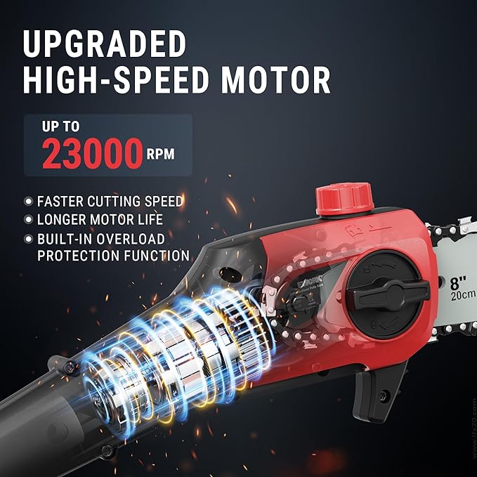 EWORK 20V 8-Inch Cordless Pole Saws for Tree Trimming, Extension Up to 14.2-Ft, Lightweight Only 6.5 Lbs, Auto Oiling Electric Pole Saw Battery Powered with Battery and Charger - EK-TT2008HH