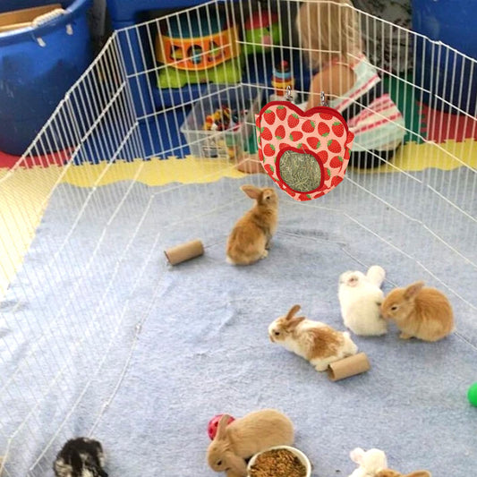 ABTOLS Rabbit Hay Feeder Bags, Hanging Hay Feeder for Cage Guinea Pigs Chinchillas Hamsters Heart Shape Red Strawberry Bunny Small Animal Pet Cartoon Hay Bag