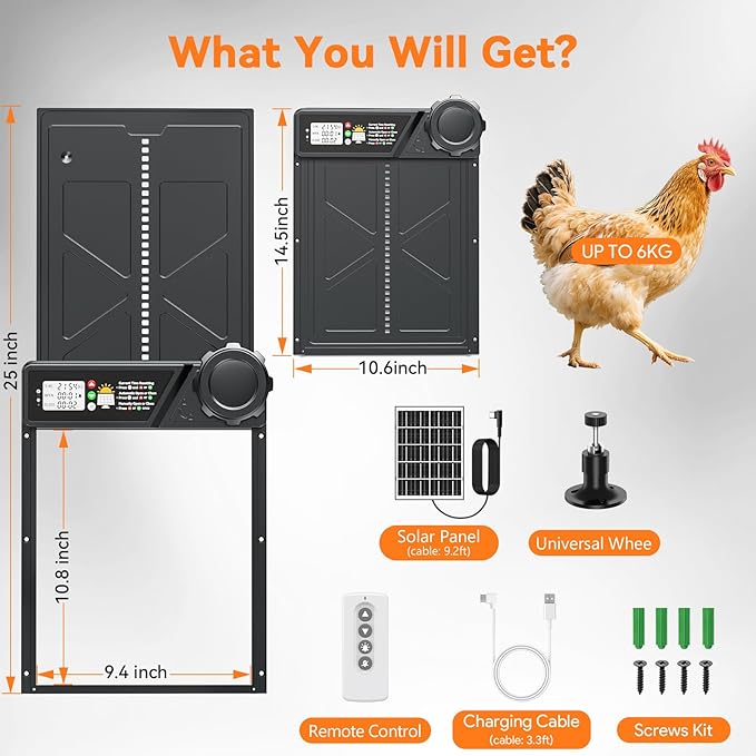 Large Automatic Chicken Coop Door Solar Powered, Automatic Chicken Door Opener with Timer Modes, Intelligent Obstacle Sensors, Solar Chicken Coop Door Chickens, Ducks, and Geese, 14.2" H x 10.83" L